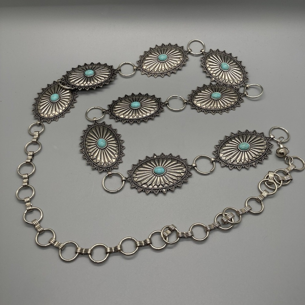 Southwestern Style Silver Tone And Faux Turquoise Concho Chain Belt 47"